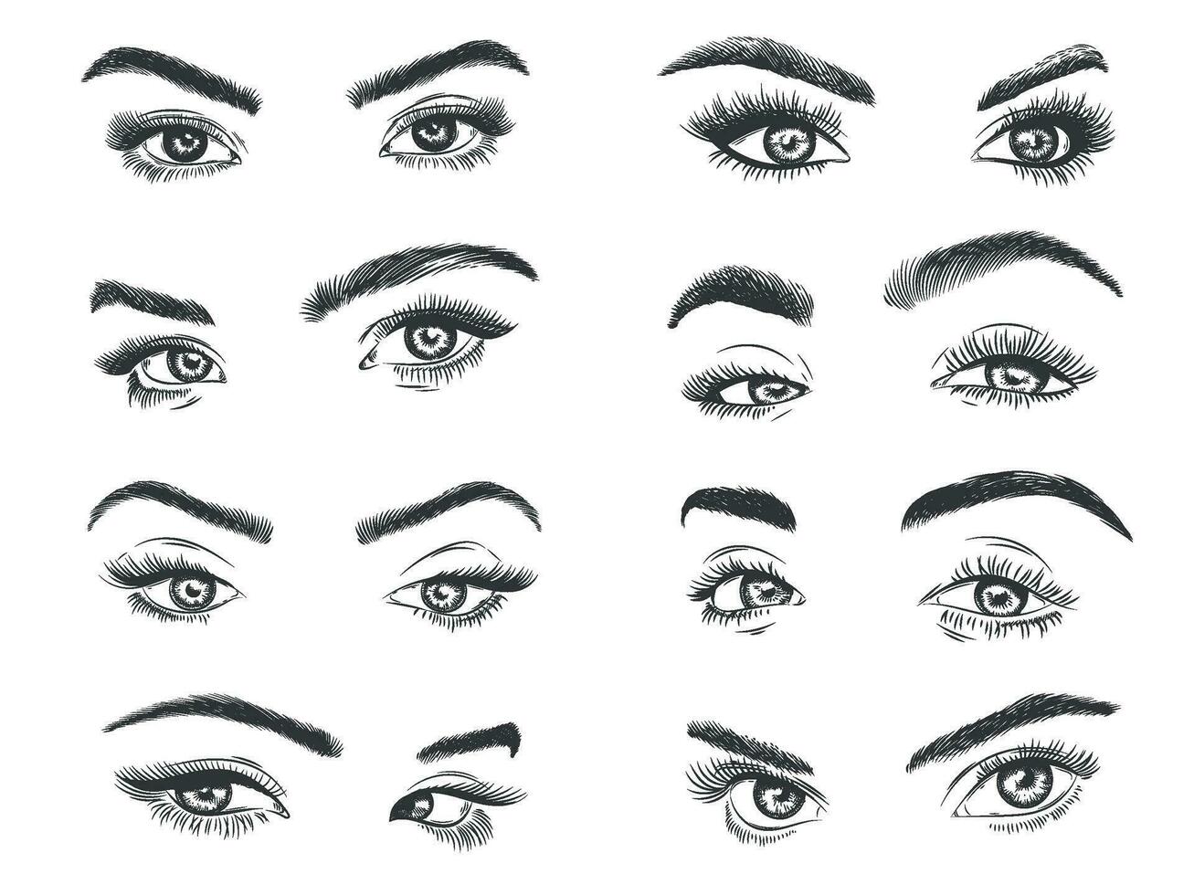 Female eyes. Glamour eye lashes woman with perfectly shaped eyebrows, drawn black model eyelashes, design for makeup salon promo vector set