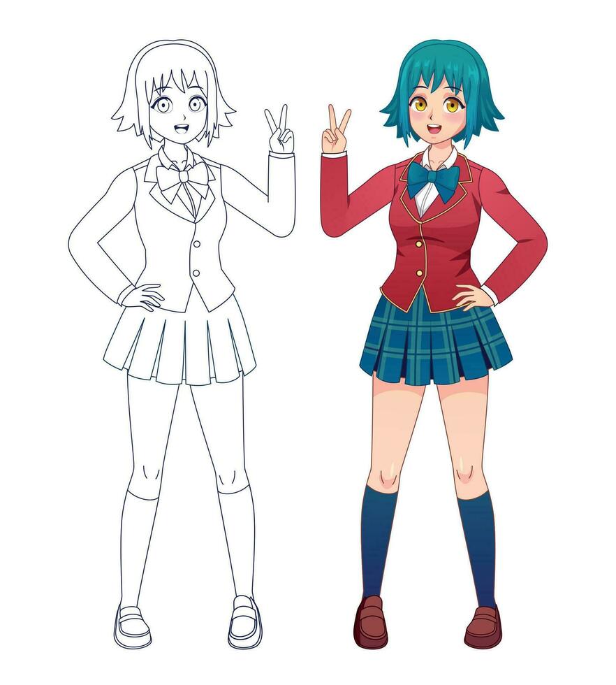 anime manga muchacha. japonés historietas linda colegio muchachas en uniforme para colorante libro página. dibujos animados personaje lleno cuerpo vector contorno para niños