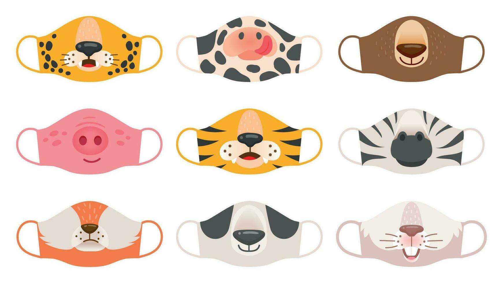 Medical mask with animals faces. Tiger, pig and zebra, bear and rabbit, fox and cow kids covid-19 protective masks print vector set