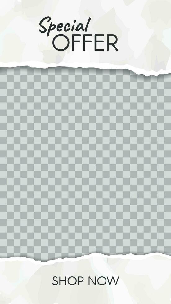 Torn paper story. Paper scraps special offer social media story template vector