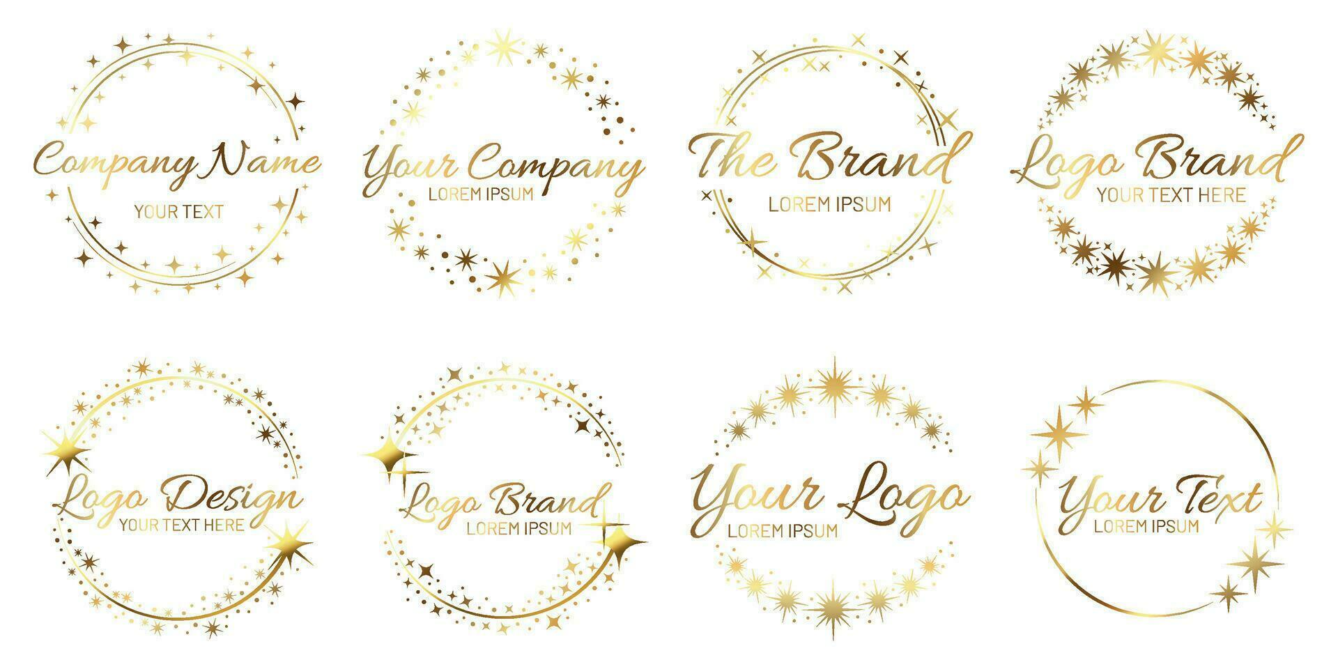 Stardust golden logo set. Shiny circle frames with stars and glowing glitter. Round border for company name vector