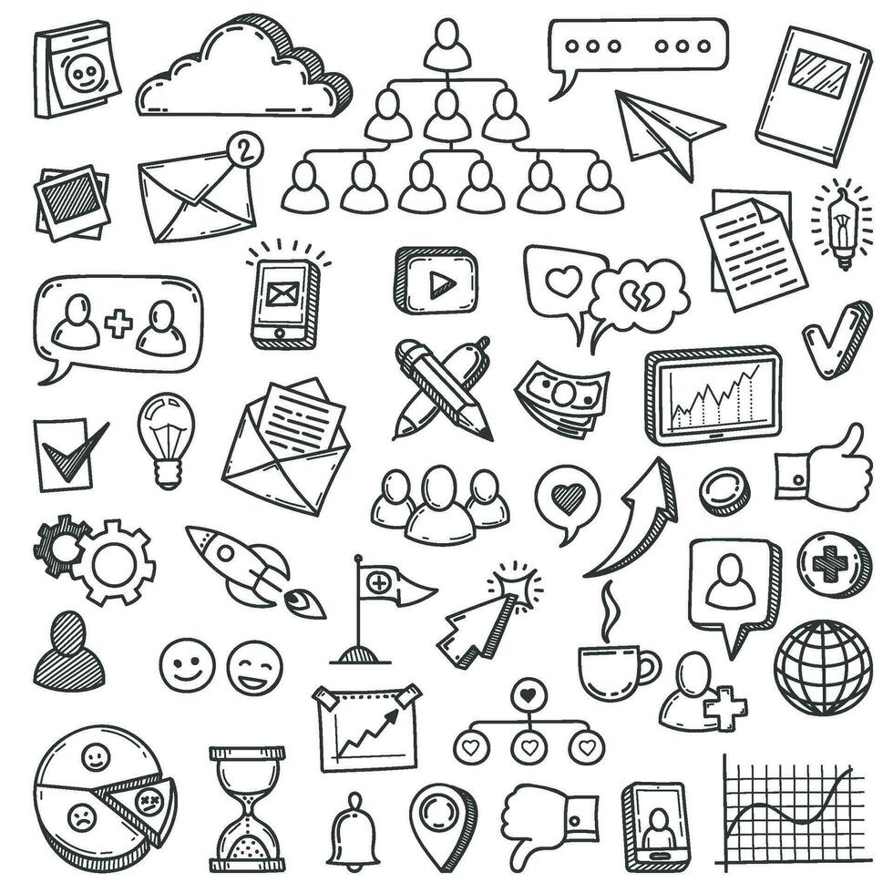 Doodle social media. Sketch social networks, communication friendly like network smartphone, phone, computer vector set web community