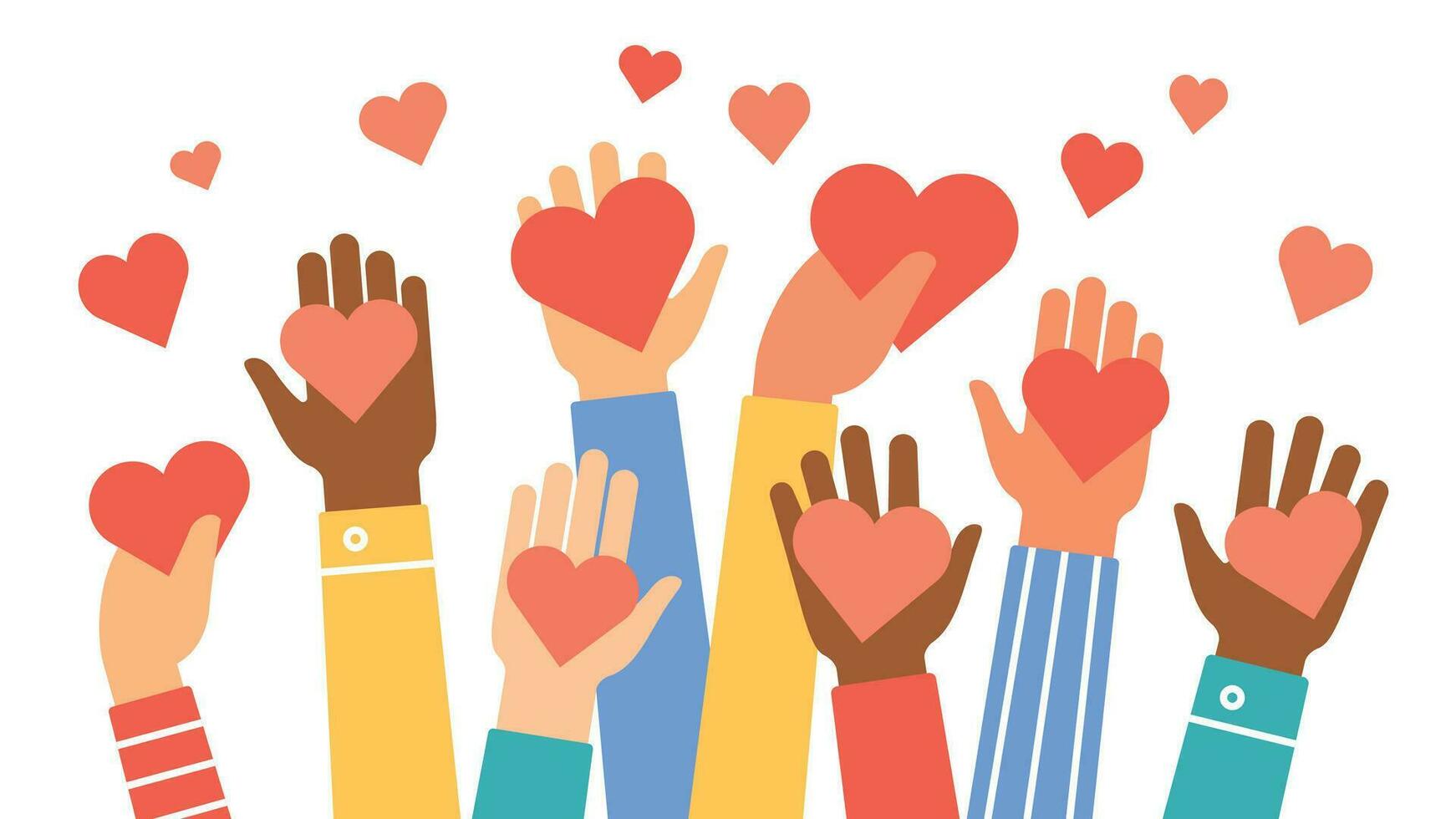 Hands donate hearts. Charity, volunteer and community help symbol with hand gives heart. People share love. Valentines day vector concept