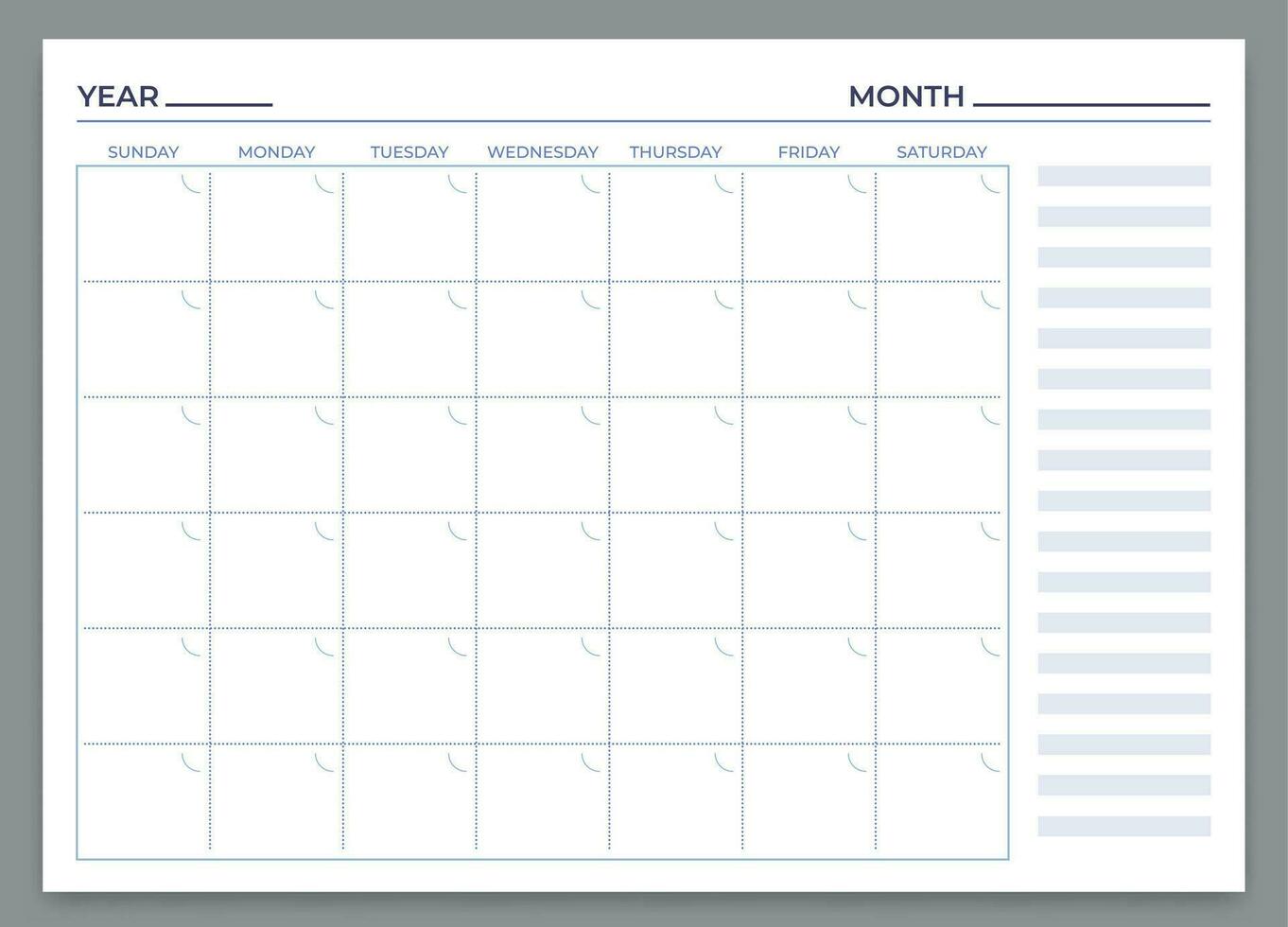 Monthly planner template. Vector month and week plan