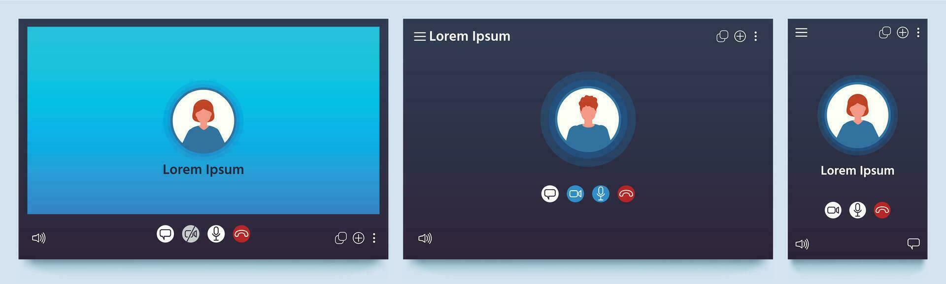 Video call interface. Web chat UI screen mockup. Application for calls and online conference meeting. Communication windows vector set