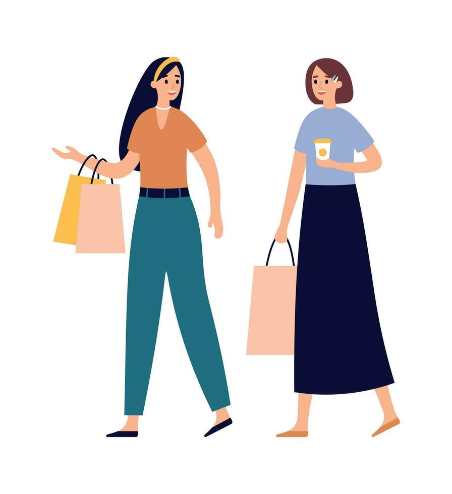 mujer amigos compras juntos. muchachas hablando y caminando con compras pantalones y Bebiendo café en papel taza vector