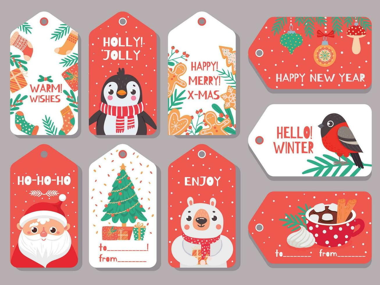 Christmas tag. Winter holiday xmas gift labels with cute characters santa, bear and bullfinch, penguin and festive lettering vector set