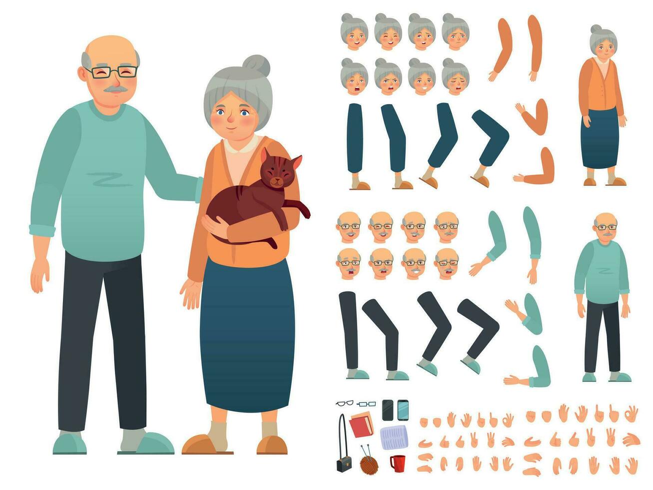 Grandparents characters constructor. Creation kit with different facial emotions, hand gestures and accessory vector