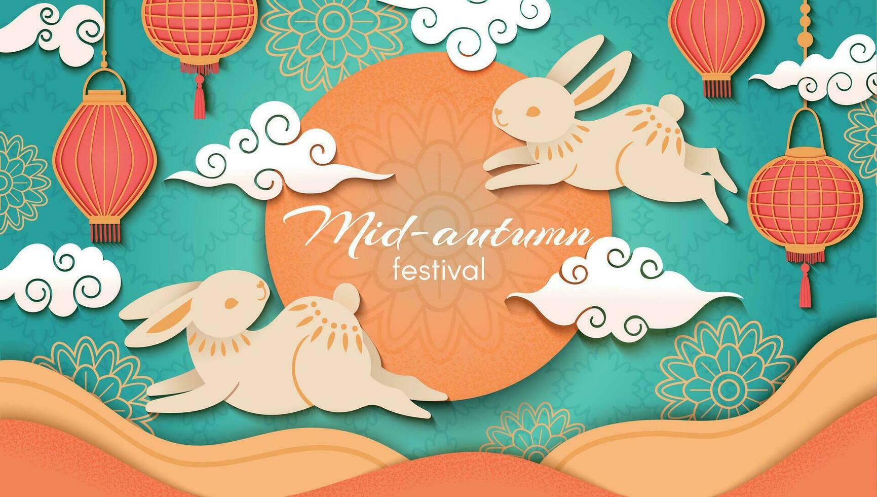Mid autumn. Happy chinese autumn festival, rabbits and asian flowers and lanterns, moon and clouds, oriental style vector background