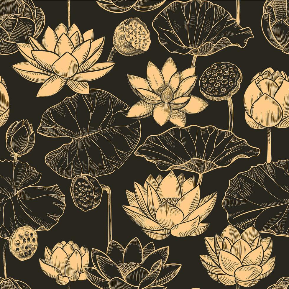 Sketch lotus seamless pattern. Floral composition water lily flowers and leaves, monochrome lotuses for products, wallpaper vector texture