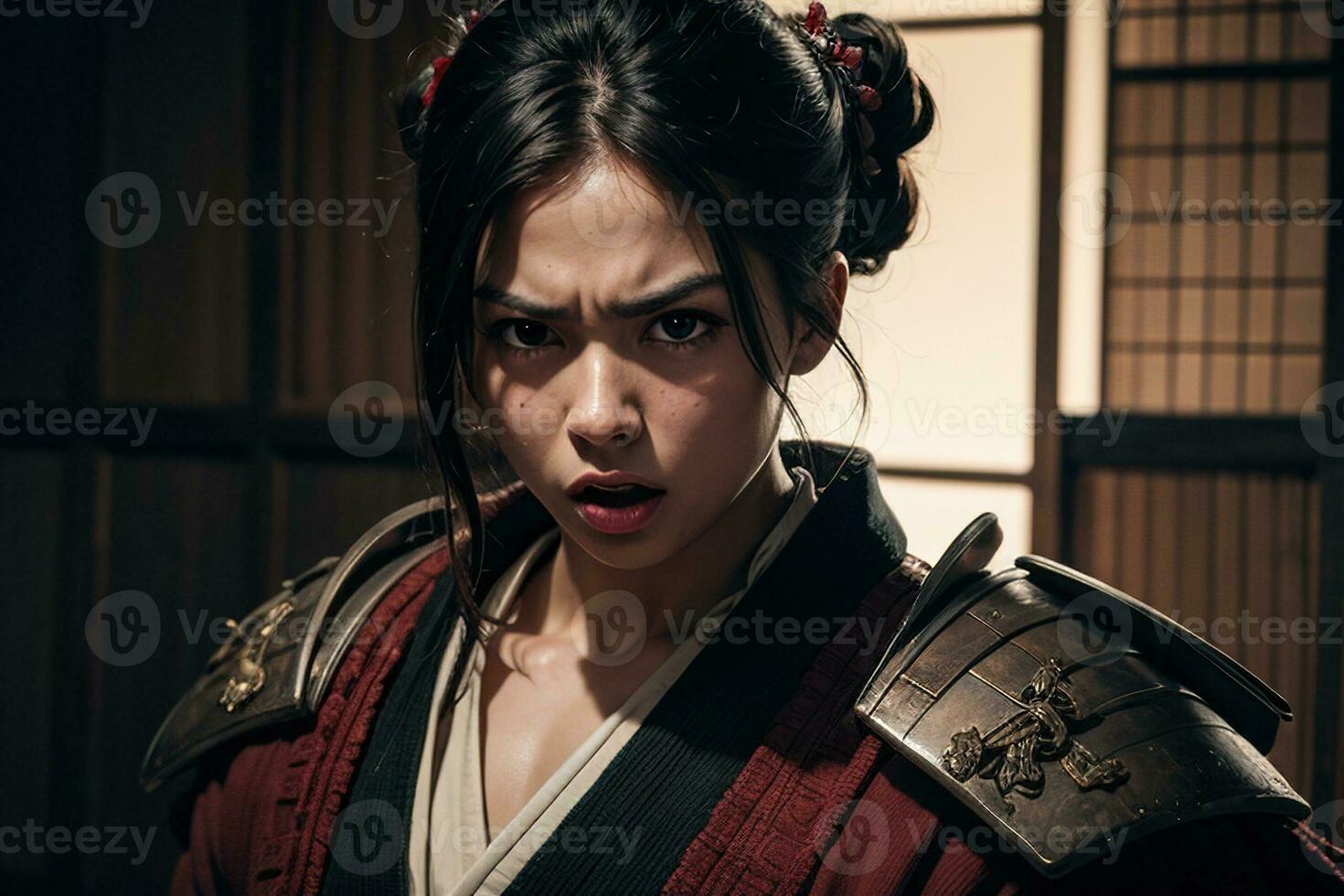 AI generated mad expression beautiful samurai, digital art illustration, Generative AI photo