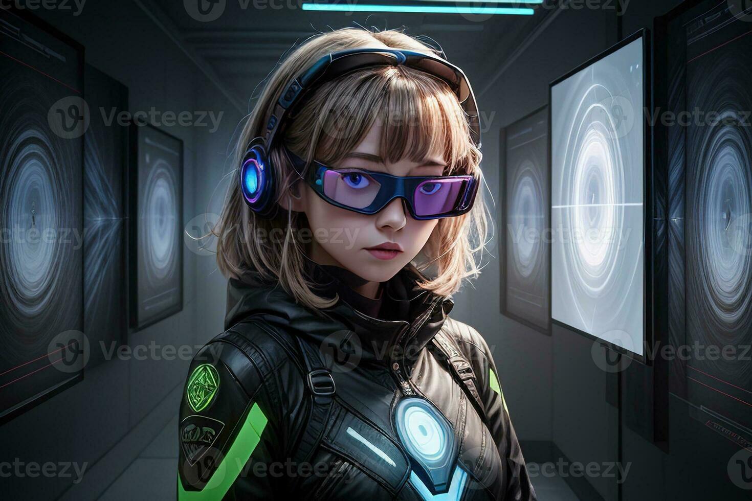 AI generated girl with augmented reality headset, digital art illustration, Generative AI photo