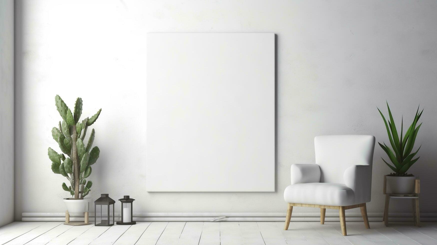 AI generated White canvas for mockup with blurred brick wall room interior photo