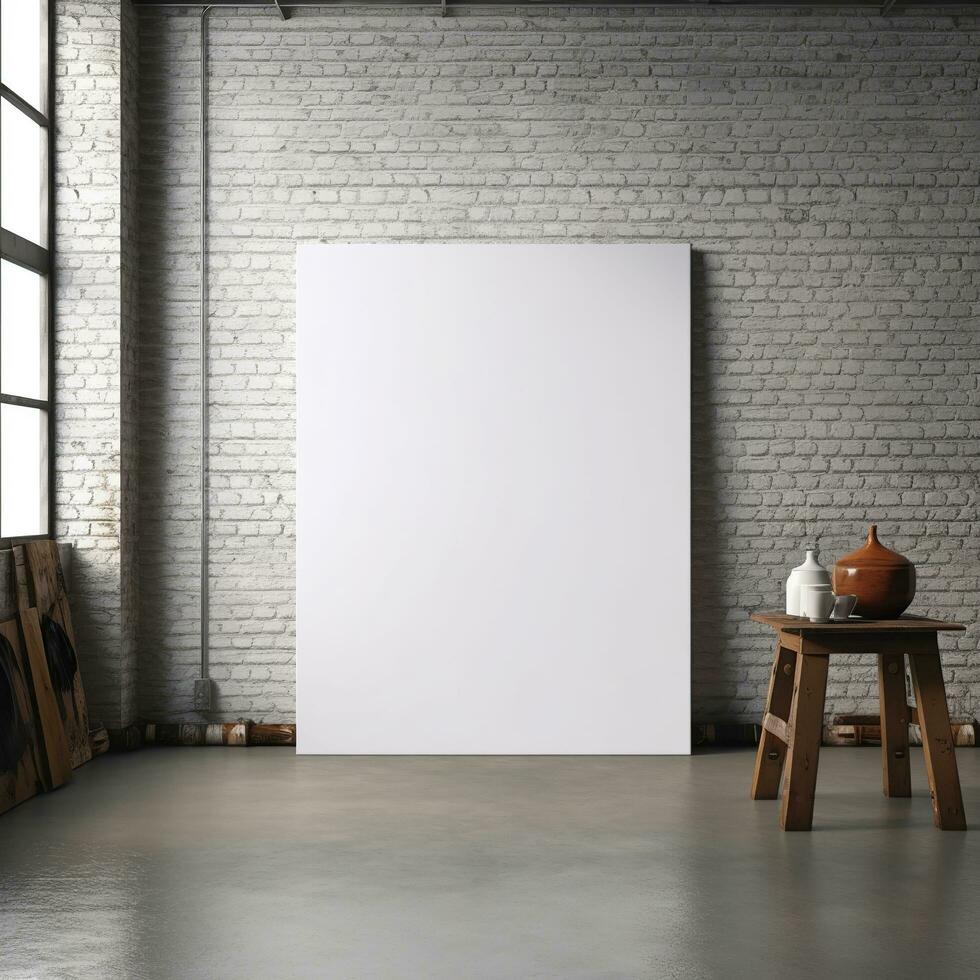 AI generated White canvas for mockup with blurred brick wall room interior photo