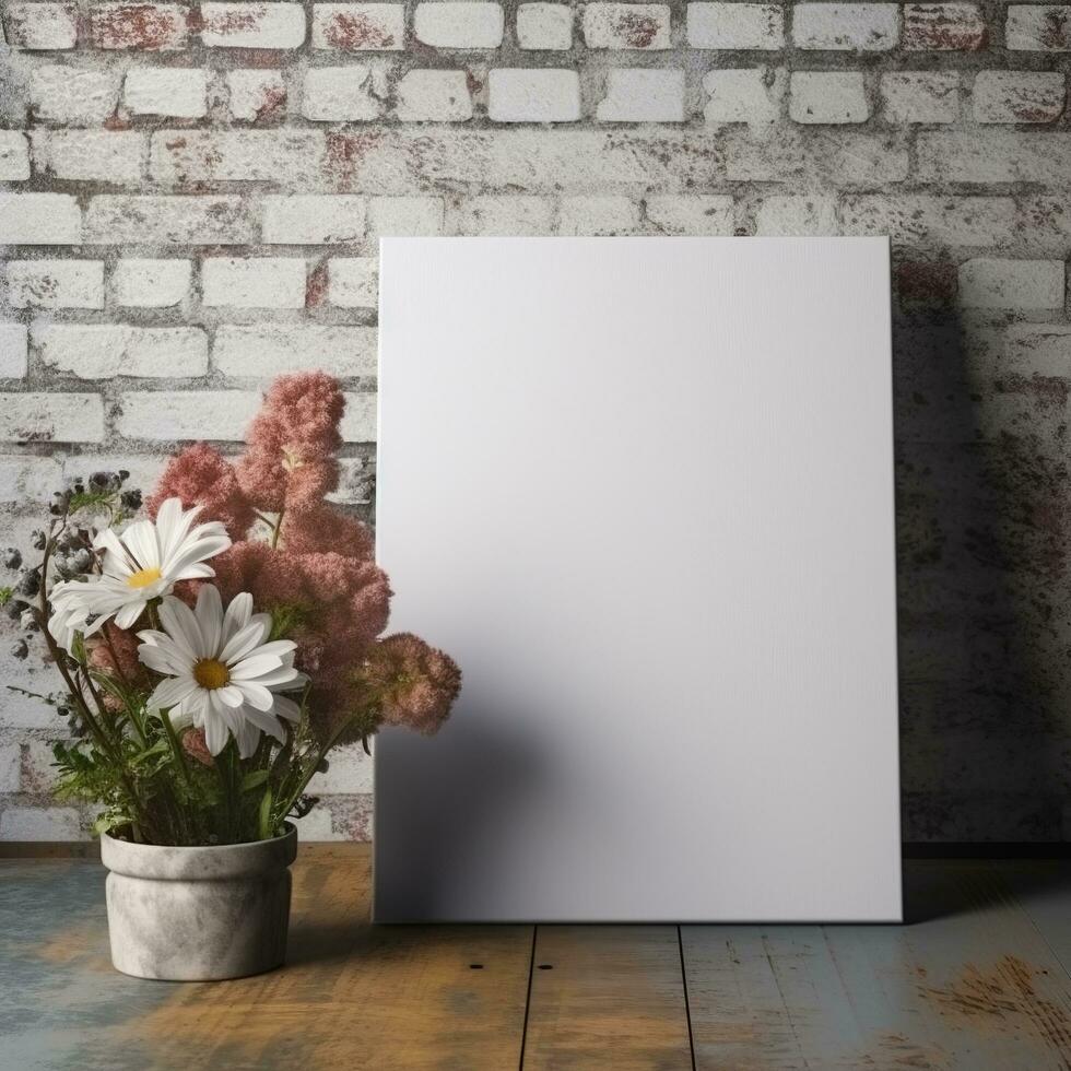 AI generated White canvas for mockup with blurred brick wall room interior photo