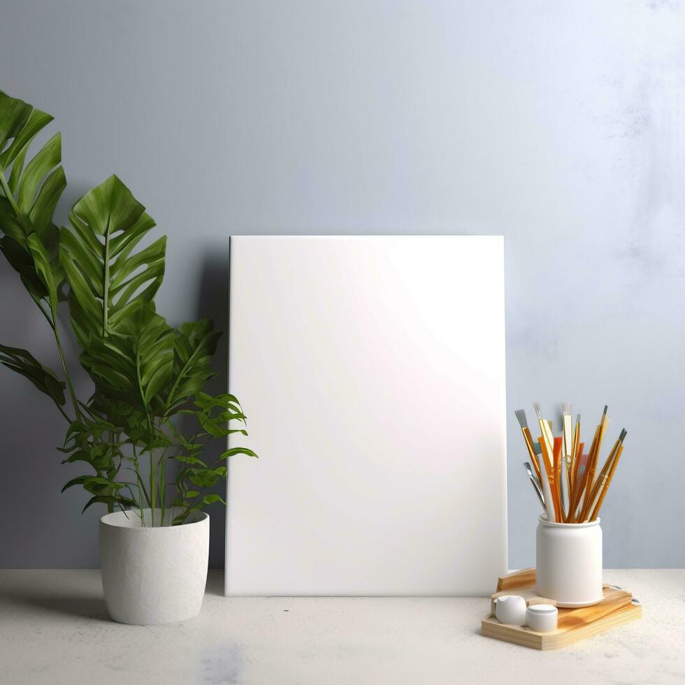 AI generated White canvas for mockup with blurred brick wall room interior photo