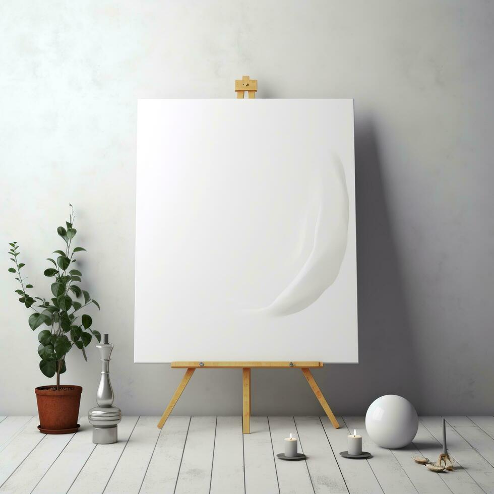 AI generated White canvas for mockup with blurred brick wall room interior photo