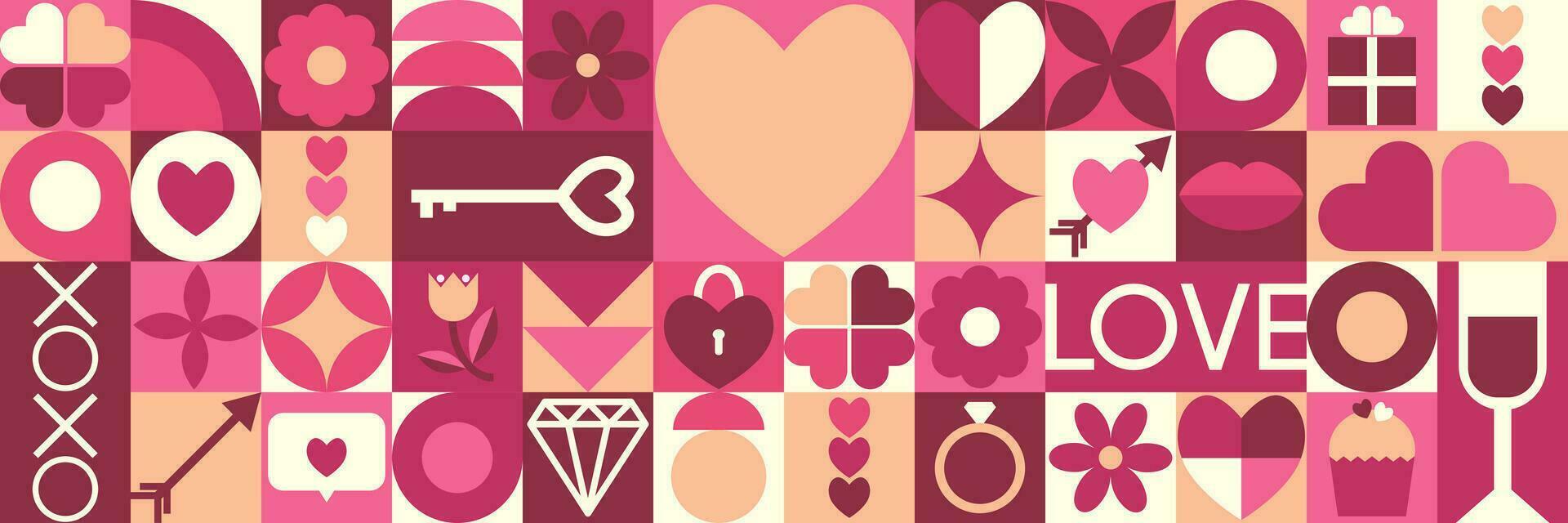 Abstract geometric Valentines day background. Icons with symbols of love, heart, gift, lips, jewel. Trendy design for banner, background, wallpaper, cover. vector