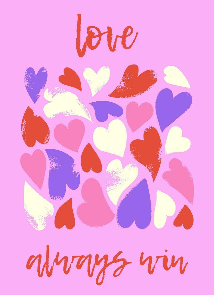 Modern abstract art design with different grunge textured hearts and typography. Valentines day concept. Template for card, poster, invitation, celebration, cover, sales vector