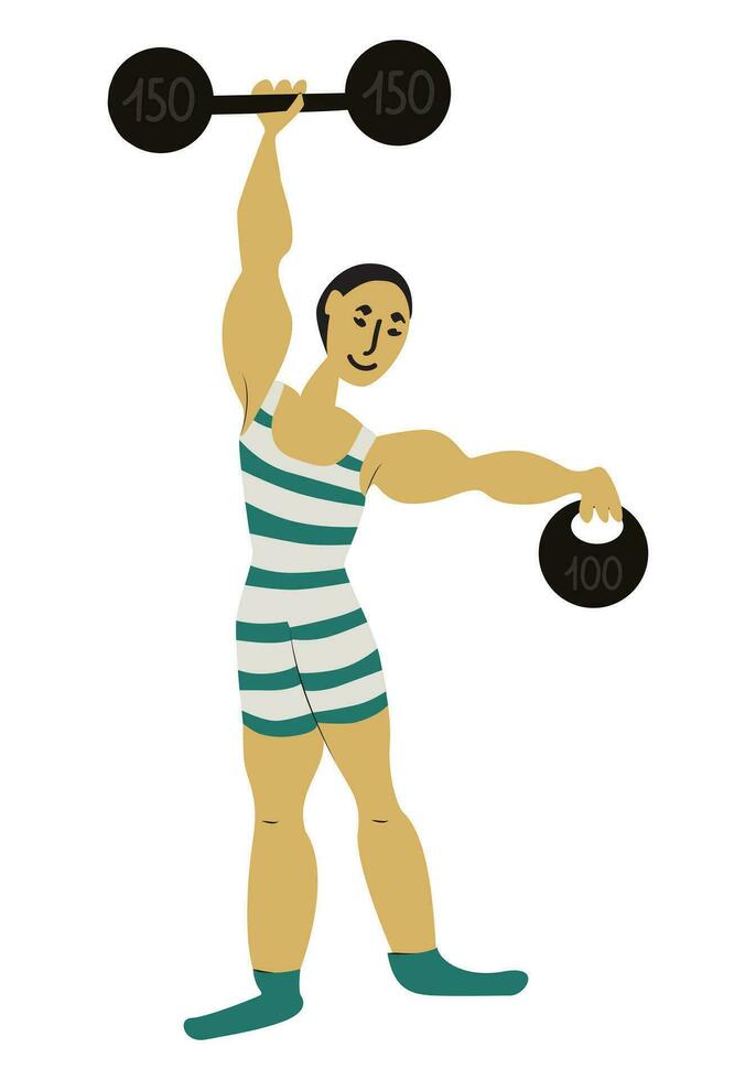 Vintage sportsman. Flat vector guy character with heavy metal barbell. Bodybuilder. Simple flat style, isolated on white background. Circus performer.