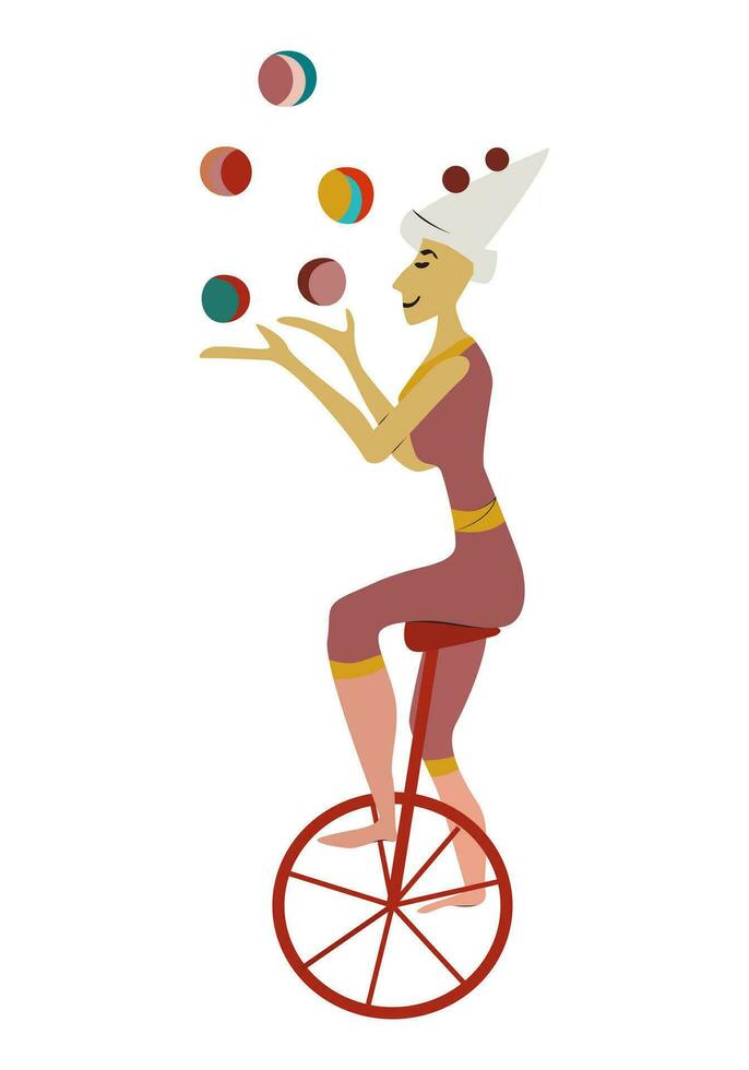 Vintage circus, woman balancing on unicycle. Contortionist juggling balls. Acrobat or equilibrist. Actors performance. Simple flat style, isolated on white background. Circus performer. vector