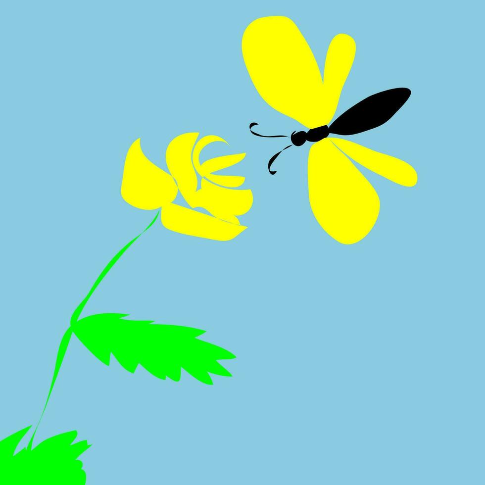 Hand drawn vector illustration of a butterfly and a flower on a blue background