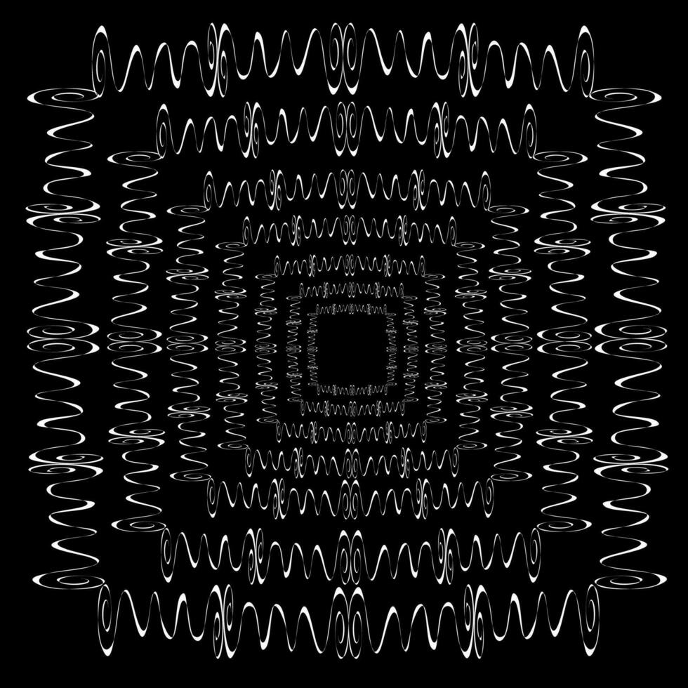 Vector abstract geometric pattern in the form of a square of wavy white lines on a black background