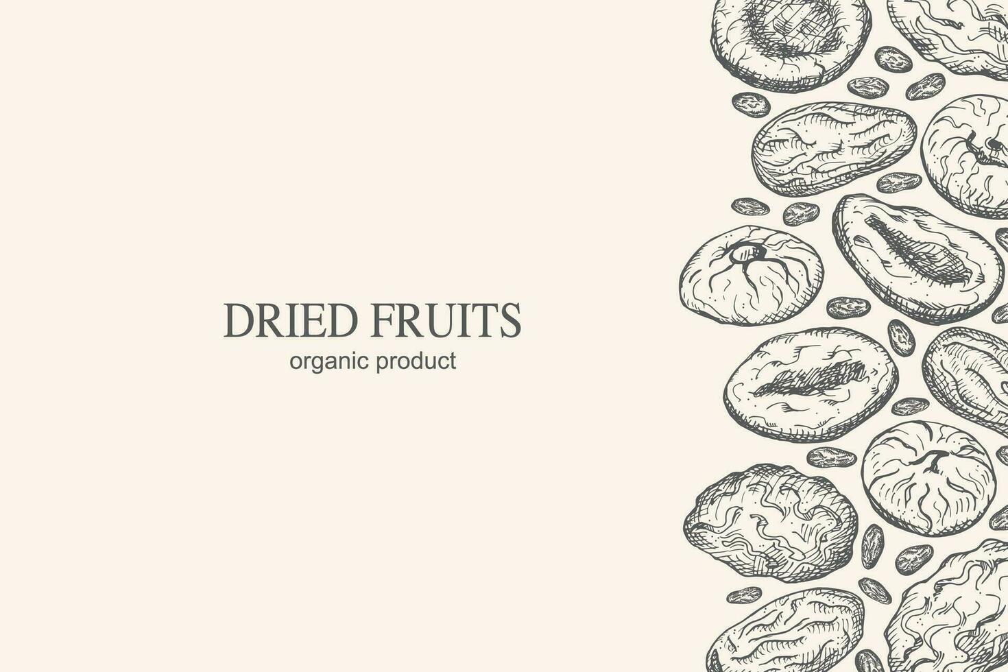 seco frutas tarjeta mano dibujado vector ilustración. marco antecedentes con ciruelas pasas, seco albaricoques, seco frutas, fechas para embalaje, textil, imprimir, plantilla, etiqueta.diseño para texto, decorativo ornamento