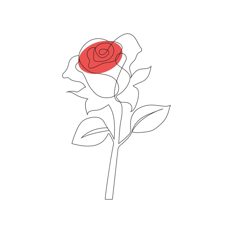 One-line continuous rose flower drawing and single-line style outline vector art illustration