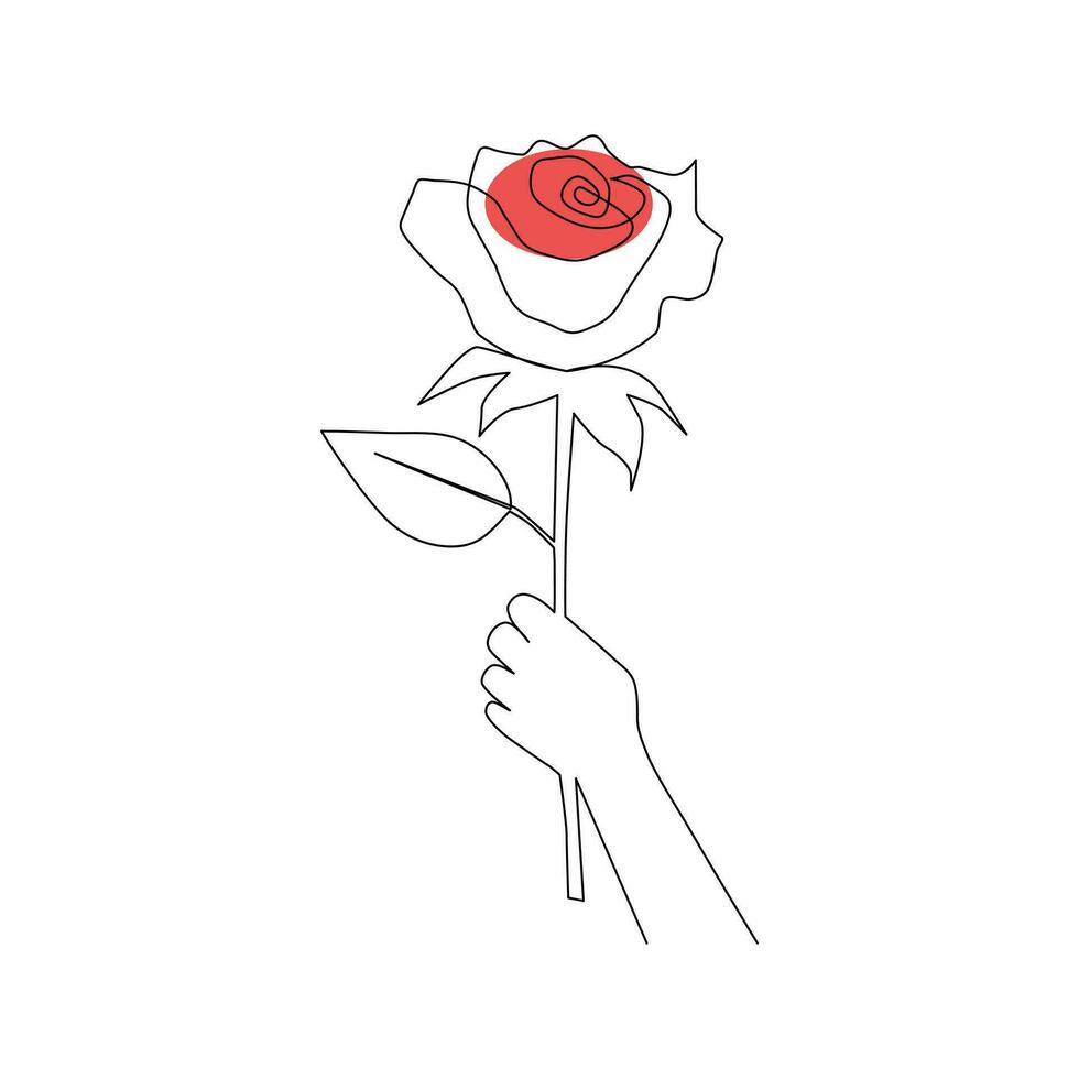 One-line continuous rose flower drawing and single-line style outline vector art illustration