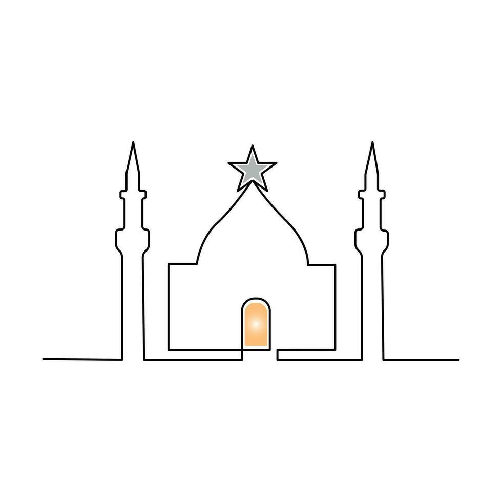 Ramadan Karim continuous single line art drawing and mosque one line vector art illustration