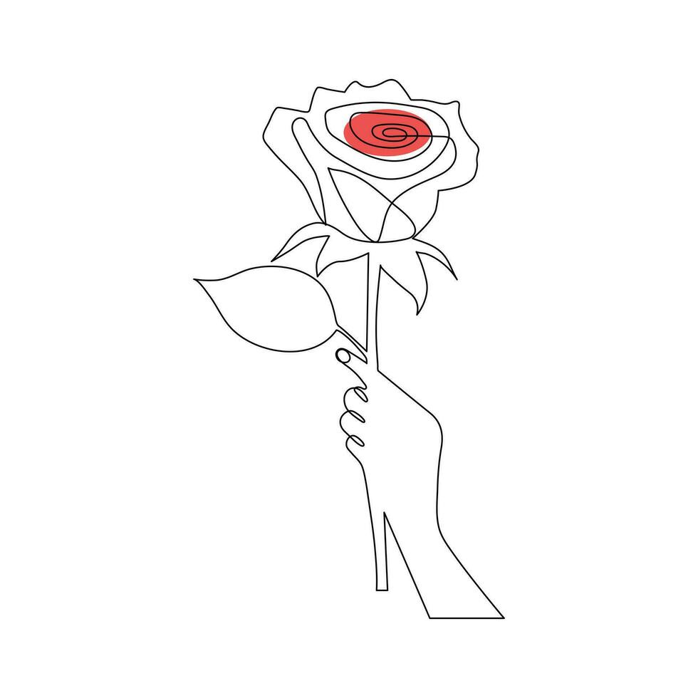 One-line continuous rose flower drawing and single-line style outline vector art illustration