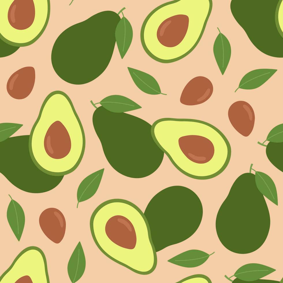 Seamless pattern with avocado fruit, avocado slice, seeds and leaves. Fresh and healthy vegetable. Vector flat illustration isolated on beige background