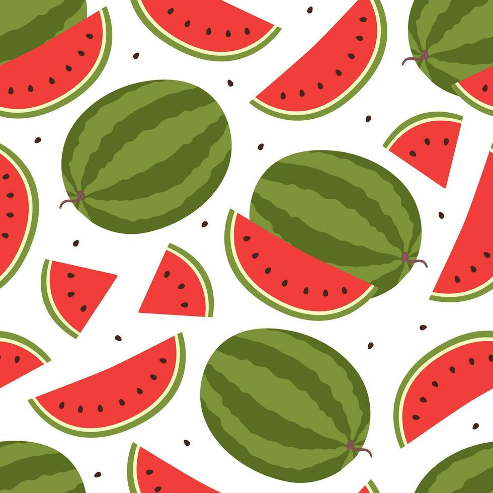 Seamless pattern with watermelon fruit, watermelon slice and seeds. Fresh and juicy berry. Vector flat illustration isolated on white background