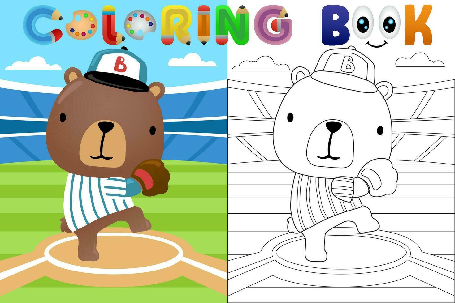 Vector cartoon illustration, cute bear in baseball match in baseball stadium, coloring book or page