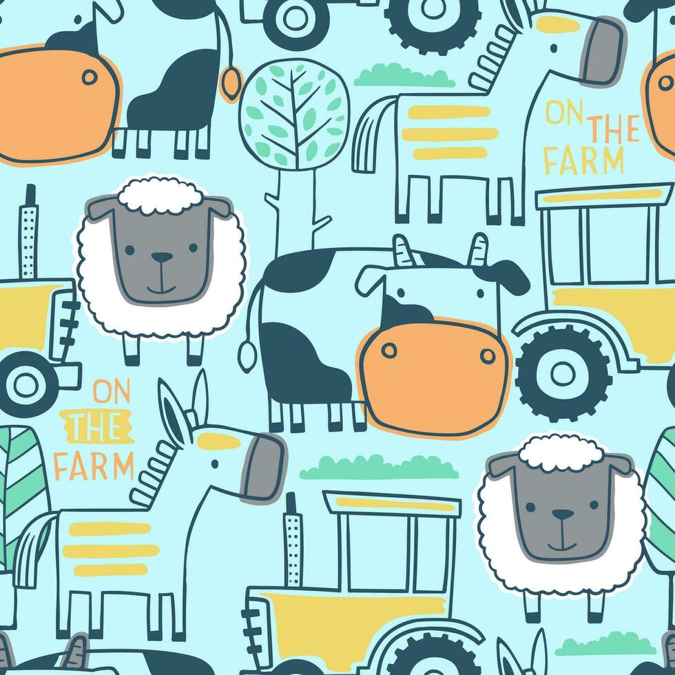 Seamless pattern vector of farm animals cartoon with tractor