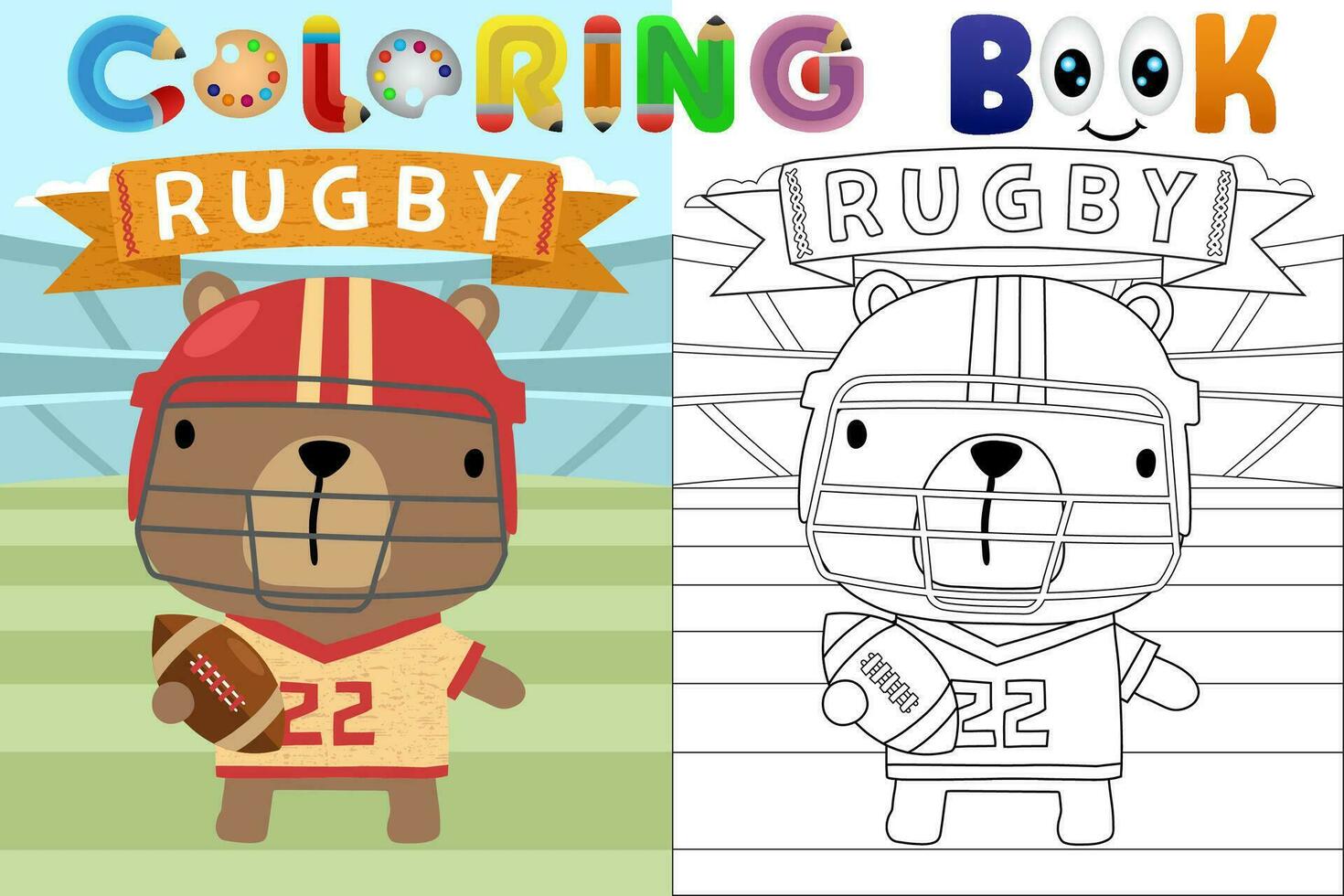 Vector cartoon illustration, cute bear in rugby uniform with ball in stadium, coloring book or page
