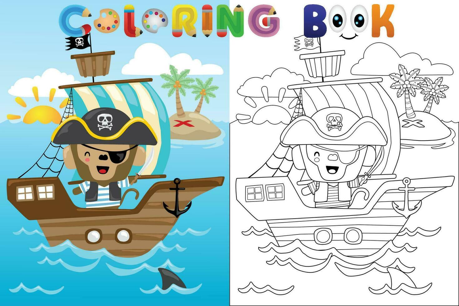 vector colorante libro con mono pirata en velero