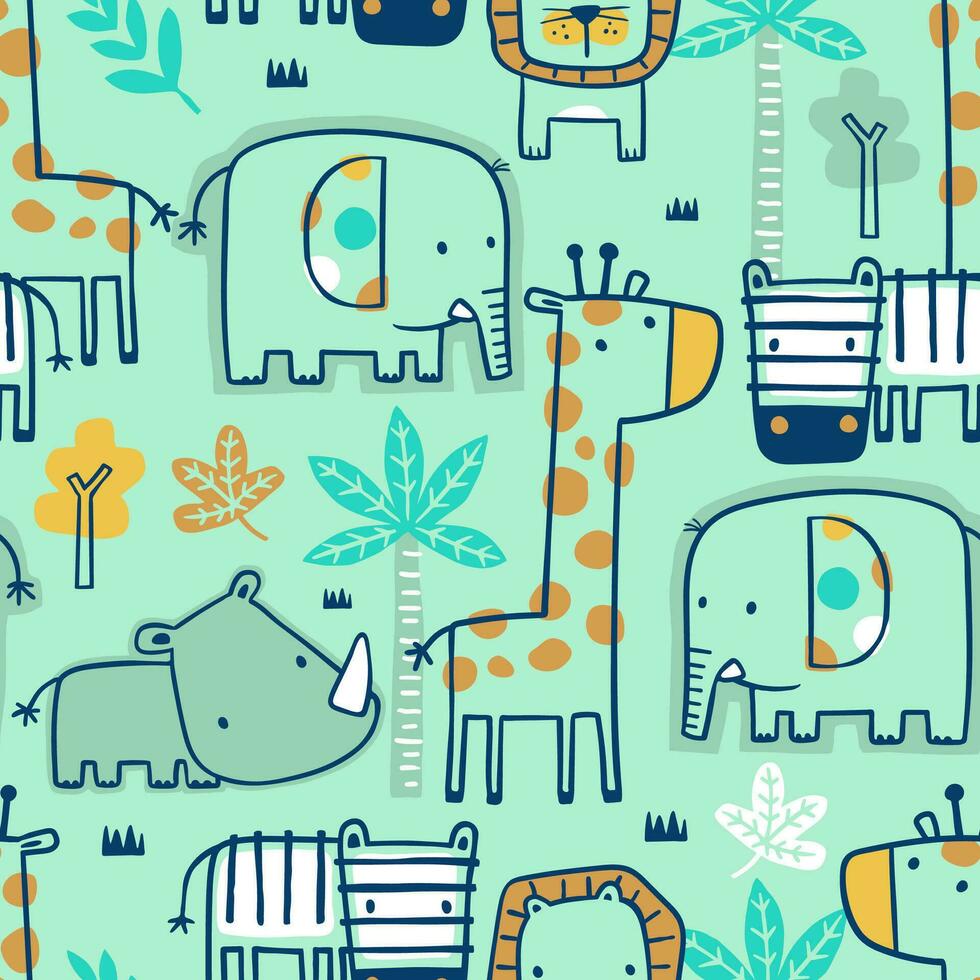 Seamless pattern vector of wildlife animals cartoon in contour art concept