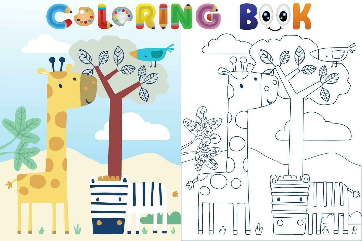 Vector coloring book with funny animals cartoon in forest