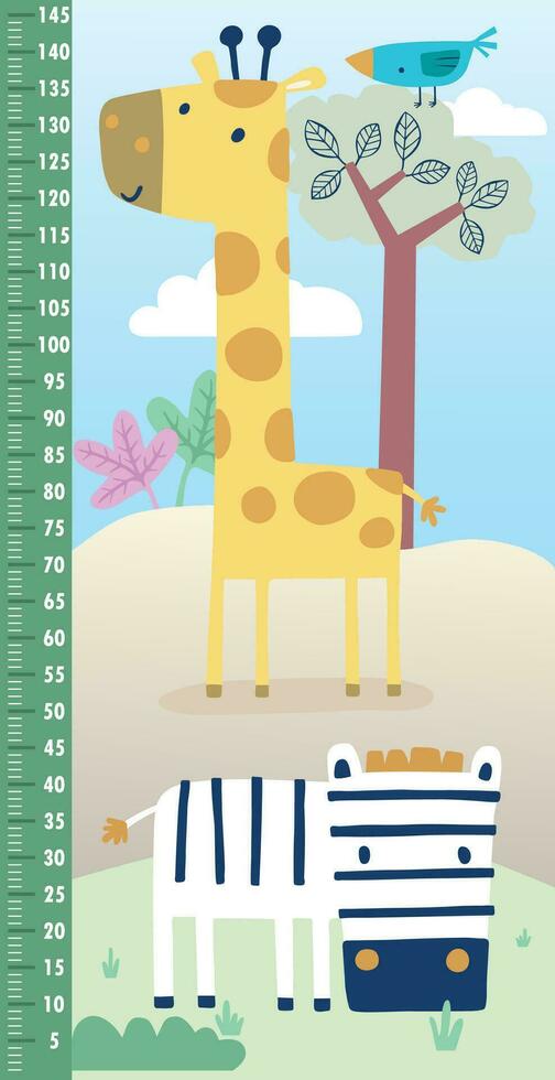 vector ilustración de altura medición pared con gracioso animales dibujos animados