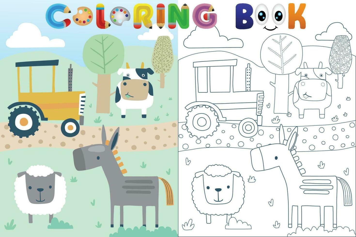 Vector coloring book with farm animals cartoon and tractor