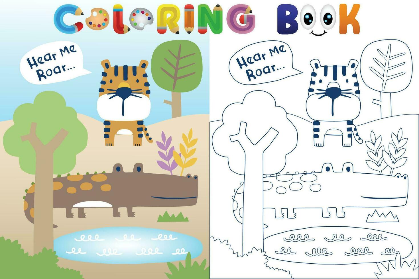 Vector coloring book with funny animals cartoon in forest