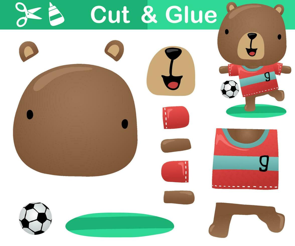 Vector illustration of cute bear cartoon playing soccer. Education paper game for kids. Cut and glue