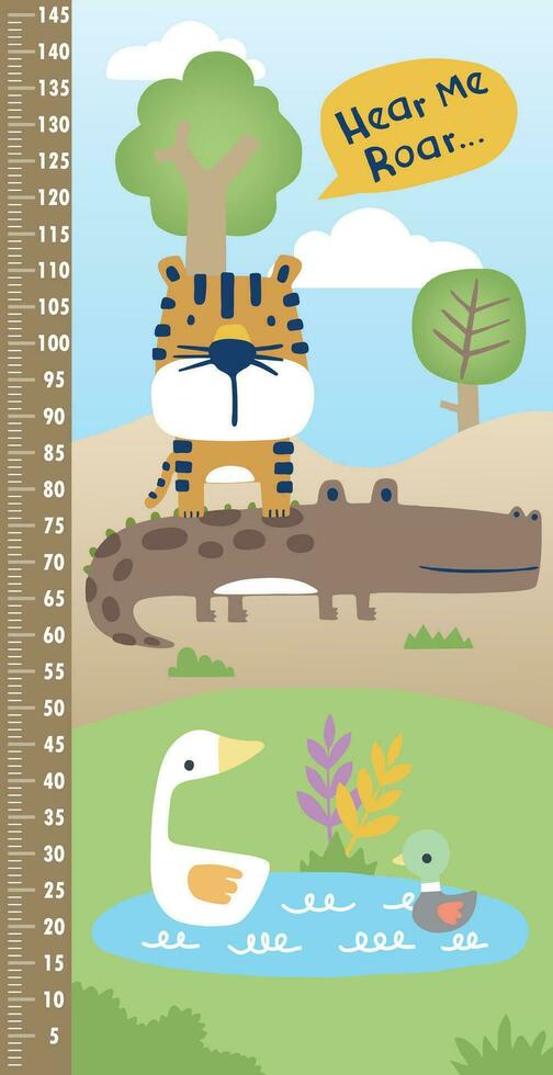 Vector illustration of height measurement wall with funny animals cartoon