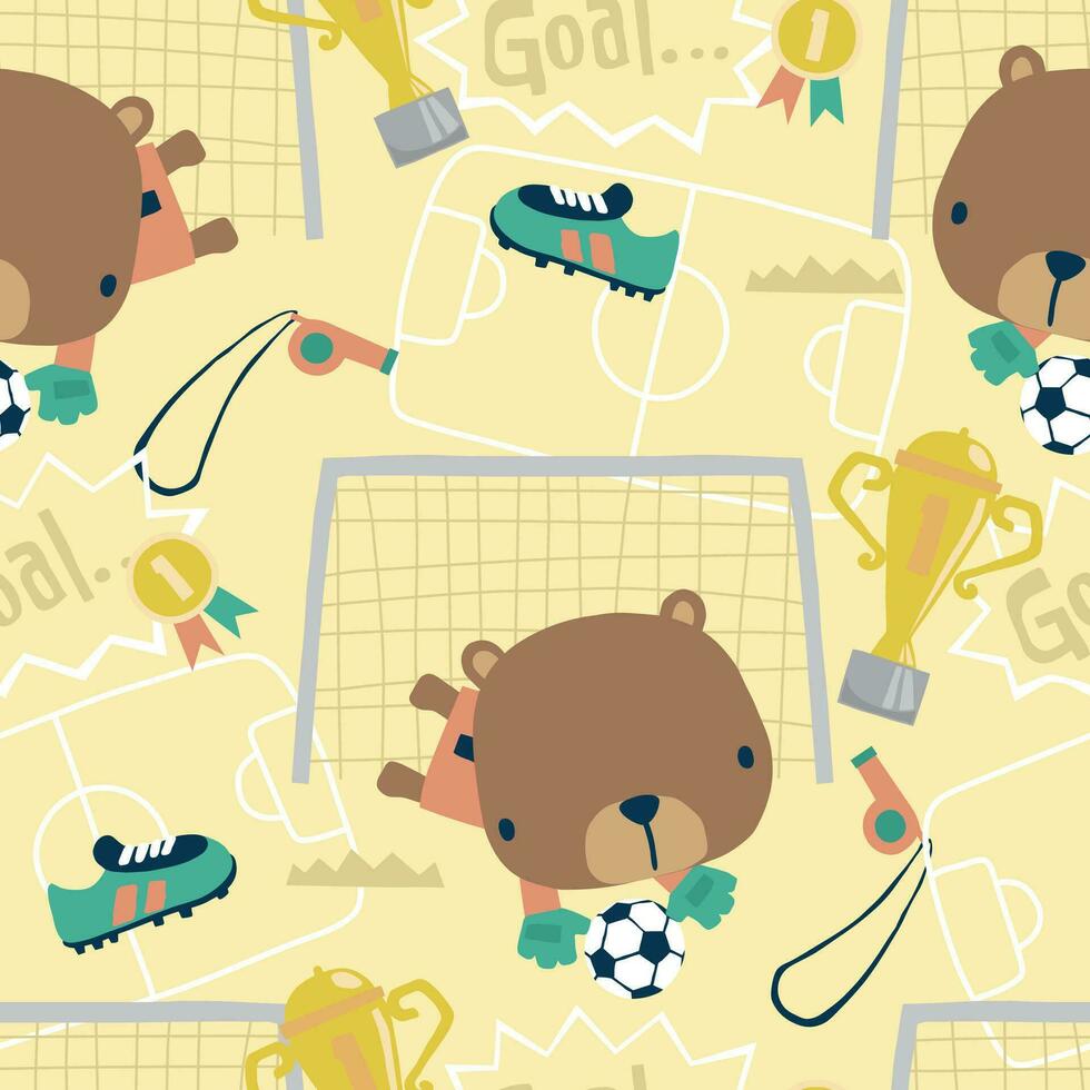 Seamless pattern vector of cartoon cute bear goalkeeper with soccer elements