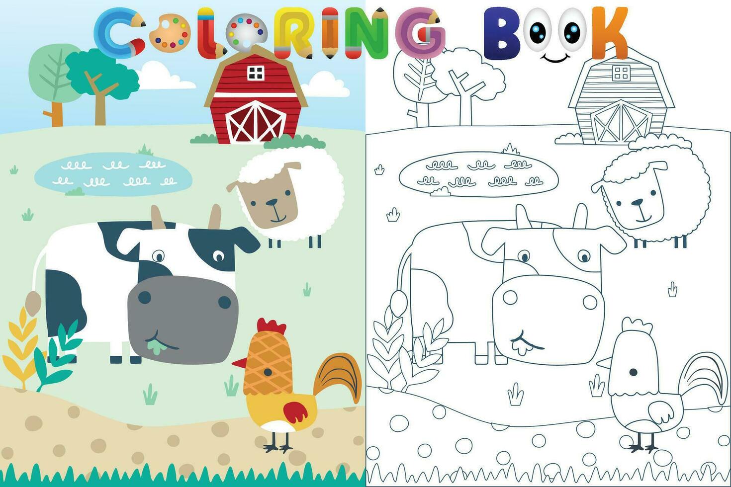 Vector coloring book with farm animals cartoon