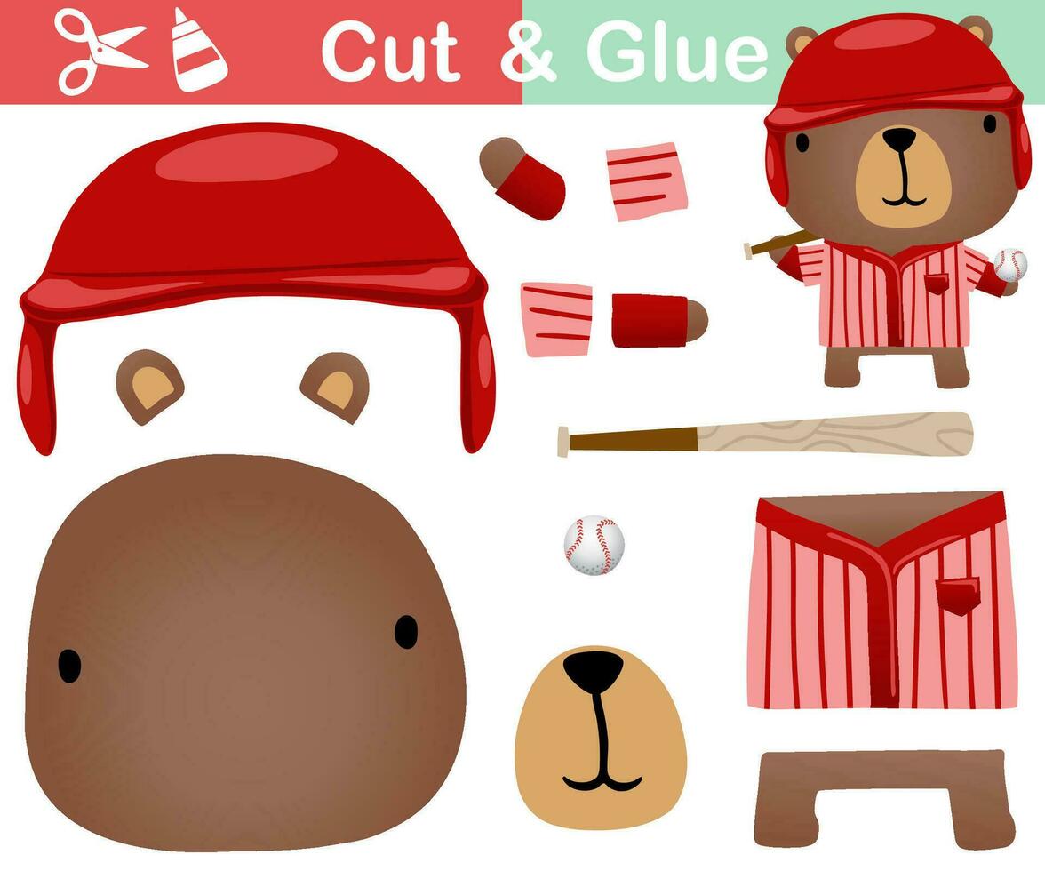 Vector illustration of cute bear cartoon in baseball uniform. Paper game for kids. Cut and glue