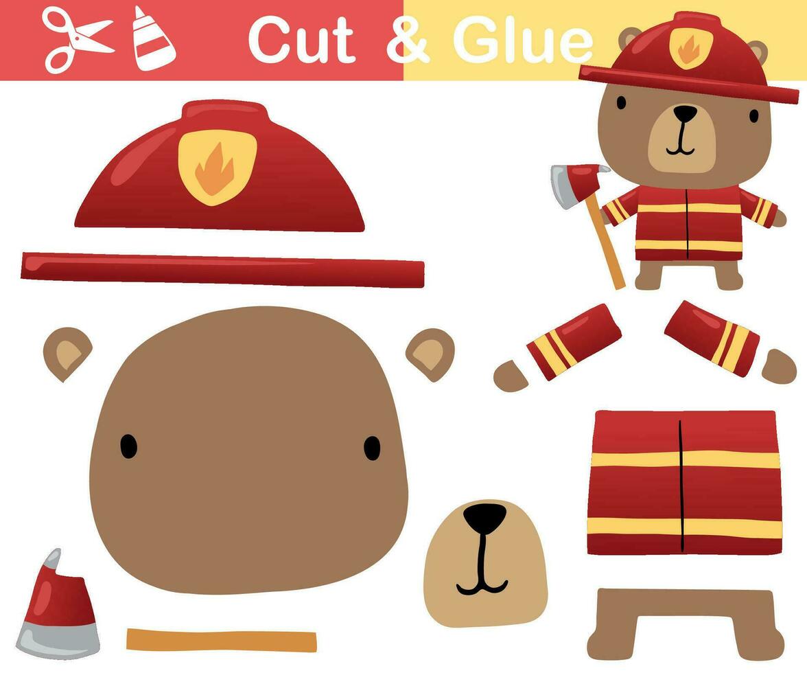 Vector illustration of cartoon cute bear in fireman costume with axe. Paper game for kids. Cut and glue