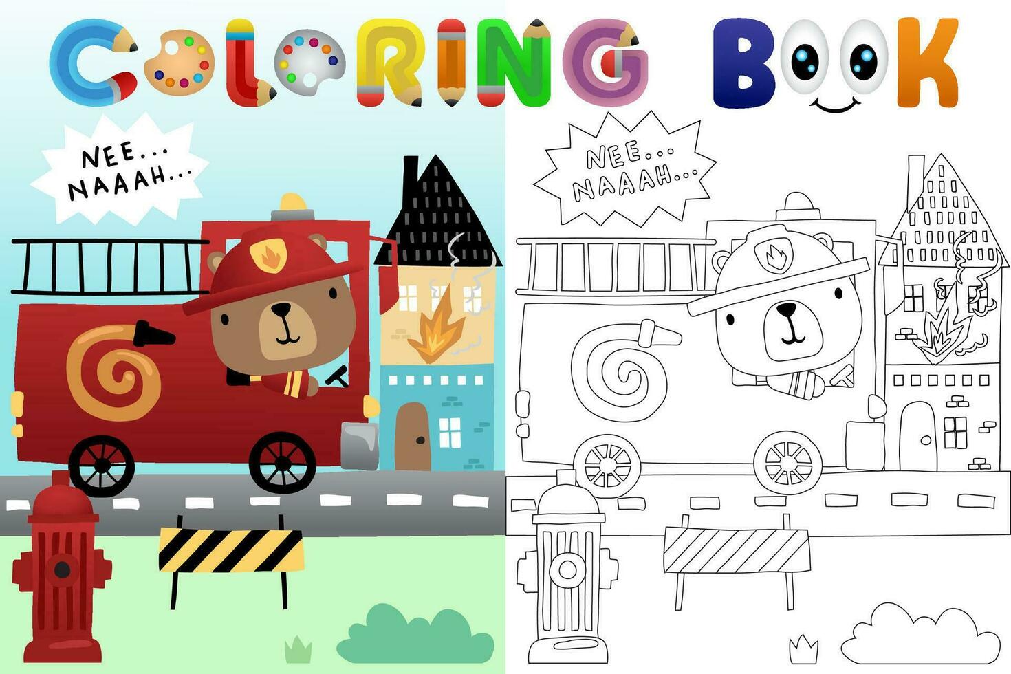 Vector cartoon illustration, cute bear driving firetruck in road city, coloring book or page